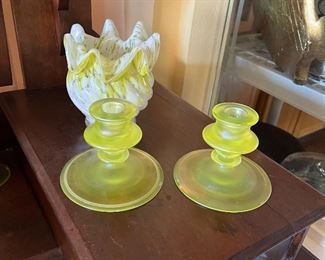 Vaseline glass candlesticks