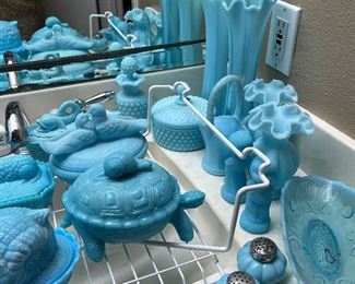 Blue Fenton everywhere! Turtles, doves, lambs, powder dishes, salt pepper, tall vase, short vase, hobnail Fenton