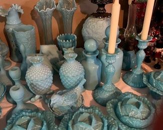 blue Fenton glass candlesticks, cabbage bowls, jars, vases, hobnail