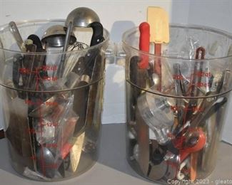 Two 22qt Measuring Ice Bucket and Cooking Utensils and Knives