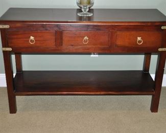 Up Close View of the Pottery Barn Cherry 3 Drawer Console Table with Lower Display Shelf, 50"w x 18"d x 30"h