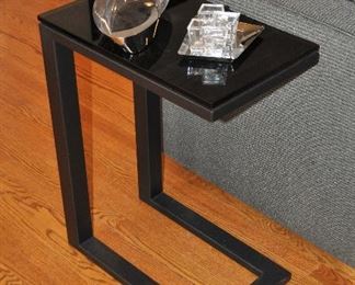 Style & Function! Shown is one of the Two Crate & Barrel Parsons Glass Top Black Steel Base C Tables Available. This Table can be Used as a Stand Alone or Tray Table, Easily Fitting Under the Sofa.   12" W x 26" H x 20" D
