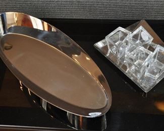 Top of Glass Table Shown with Alessi Mirror Polish Silver. The Tray is 2.5" h x 6" w and is Shown with an Alessi Polish Mirror Silver Metal Tray with Small Acrylic Lidded Holders. 