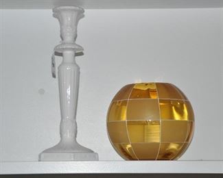 Hudson Grace Ceramic White Candlestick 13" Shown with an Amber Glass Vase, both Matte & Glossy