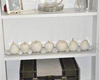 Vintage Art Deco Buenilum Hammered Aluminum Cocktail Shaker by Frederic Buchner (SOLD)  Shown with a Set of 7 White Molded Porcelain Fruit Displayed on  a Silver Tray by Pottery Barn (SOLD).