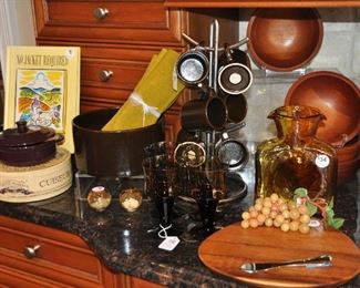 More Great Serving Pieces For Entertaining including a NIB Brie Baker, a Nambe Cheese Tray, a Vintage Rosenthal Brown Salad Serving Bowl, a set of 6 Vintage Rosenthal Brown Mugs and  an Amber Blenko Pitcher