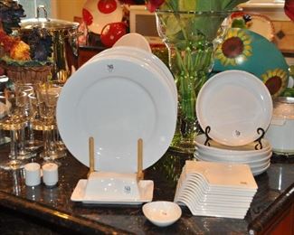 Crate & Barrel White 12" Dinner Plates, 8" Salad Plates, Square Appetizer Plates Shown with a Set of 6 Calvin Klein "Bergan" Footed Water Goblets