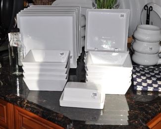 Great Square White Porcelain CB2 Dinnerware  Shown with Sur La Table Crocks (Set of 6 Available) 