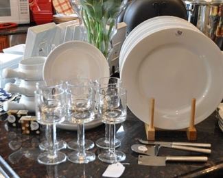 Another Set of 6 Crate and Barrel 10" Dinner Plates And Salad Plates Shown with a Set of Six Calvin Klein Bergan Wine Goblets