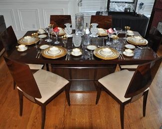 Spectacular Art Deco Style Italian Walnut High Gloss and Polished Chrome Dining Table with 6 Chairs by ALF Italian Design Group, 77.5" x 31"h x 40.5" (One 21.25" Leaf Included)