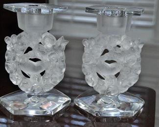 RARE!!! Lalique Frosted Blown Molded Glass Mesanges 7" Candlesticks