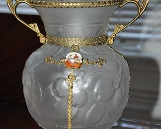 Beautiful Phoenix Glass Company 20th Century Frosted Glass Vase with Gilded Brass Overlay, Cameo Detail and Rococo Handles, 11"H
