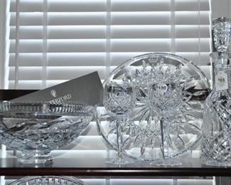 Waterford Round 12.5" Crystal Serving Platter Shown with an 11" Waterford Centerpiece Bowl and Waterford 13" "Shannon Jubilee" Decanter 