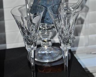Waterford Toasting Flutes in Lismore set of 2, shown with St. Louis France Crystal Pitcher 8.5" & St. Louis France Beaded Knife Rests NIB. Each box contains 6 rests.