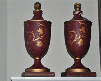 Elegant pair of Maroon Footed Urns with a  Gold Hand Painted Foliage Design, 13"