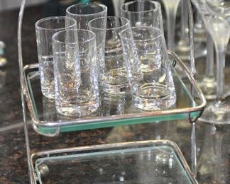 Stunning Tiffany & Co EPNS Two Tier Cake Stand with Removable Glass 11.25" Shown with a Fun Set of 6 Slanted Shot Glasses