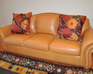 Spectacular Like New Carmel Color Ethan Allen "Bennet" Leather Sofa with Nail Head design and Rolled Arms, 86ʺW × 38ʺD × 36ʺH