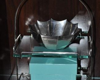 12"h Stainless and Glass 2 Tier Stand, Shown with a Vintage Tiffany and Co Sterling Bowl No 25237, 6"w x 2.25"h