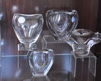 Two Fabulous Rare Crystal Vases by De Martus as well as a Steuben Vase and Simon Pearce Fluted Glass Bowl, 