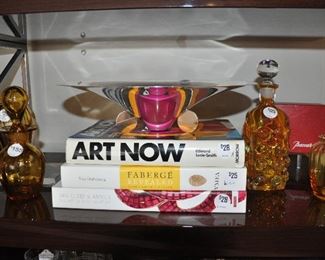 Wonderful Amber Glass By Moser Glass and Baccarat Shown with more Great Art Coffee table Books as well as a 14" w Chrome Center Piece Bowl by Ikora, Germany