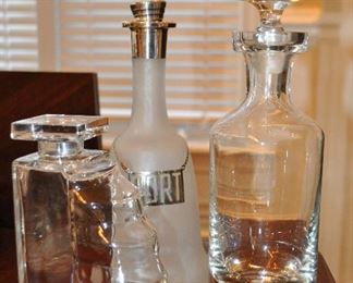 Vintage Baccarat Whisky Bottle Shown with a Frosted Glass Port Bottle, "2000 Celebrating Millenium, Shutters On The Beach" 11" and a 12" Heavy Crystal Decanter
