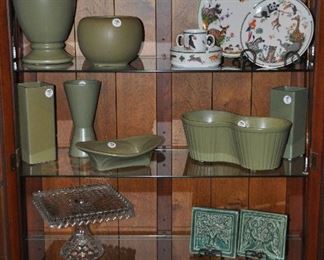 Fantastic Collection of Matt Green McCoy and Floraline  Pottery Shown with a 4 Piece "Jungle Party" Set by Lynn Chase, a Wonderful Heavy Fostoria Footed Glass Square Cake Plate and 2 Pewabic Tiles