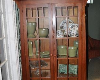Ethan Allen American New Impressions Lighted Cherry Curio Cabinet, 43ʺW × 15ʺD × 70ʺH