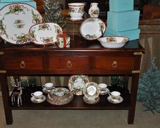 Like New Pottery Barn Cherry 3 Drawer Console Table with lower Display Shelf, 50"w x 18"d x 30"h
