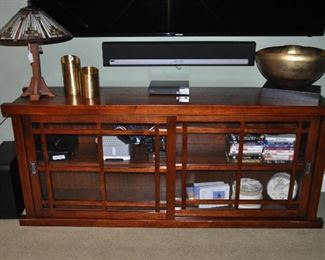 Wonderful ARHAUS "Spencer" Cherry Glass Cabinet/Media Cabinet with Front Sliding Glass Doors in Pristine Condition, 71"w x 30:h x 15"d