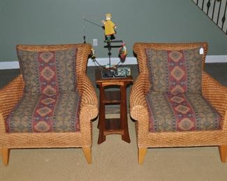 Wonderful Pair of Wicker Chairs by Ethan Allen Shown with an Ethan Allen Mission Style Petite Accent Table, 13"w x 26"h