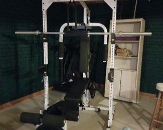 Body Solid weight bench, rack, leg extension, pull down bar