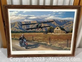 wframed print of biplane and motorcycle signed and numbered3351 t