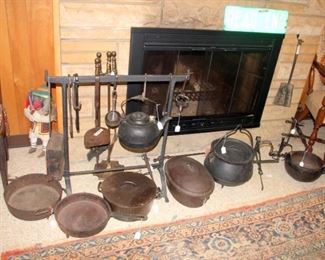 Antique Cast Iron Kitchenware and 18th c. Rack