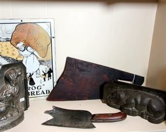 Tin Molds, Figural Hog Cleaver, Wooden Treenware Cleaver
