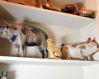 Amazing Hand Carved Folk Art Pig, Cast Iron Cat, Large Chalkware Pig