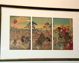 Japanese Woodblock Print Triptych “ Boar Hunt”