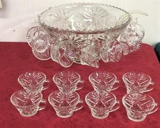 Antique Cut Glass Punch Bowl Set 15 cups