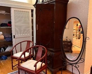 Century Wood Dresser Armoire Cabinet, Baker Furniture Armchairs, and Black Metal Standing Mirror