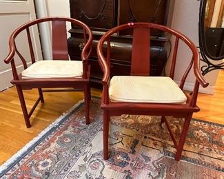 Pair of Baker Furniture Vintage Designer Wood Curved Armchairs Accent Chairs