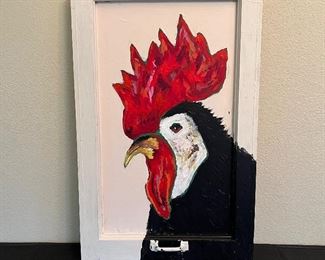 Original Painting of Chicken on Vintage Glass and Wood Frame Window (attributed to Cassandra Shaw)