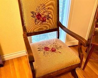 Antique Carved Wood and Embroidered Armchair Accent Chair