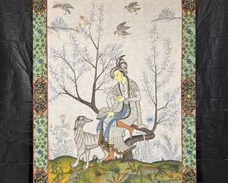 Asian Painting on (believed to be Silk) fabric stretched around wood frame. Scene of woman in nature scene with dog drinking tea. 