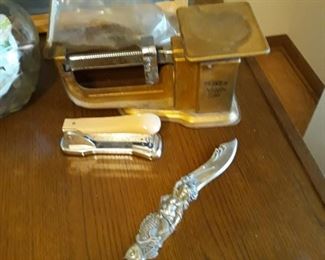 Vintage postage scale, stapler and unusual  letter opener 