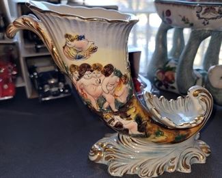 Vintage Capodimonte cornucopia vase with cherubs