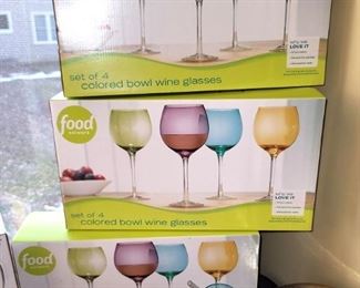 New in boxes multi-colored wine glasses