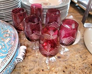 Gorgeous Bohemian Cranberry Cut to Clear Stemware