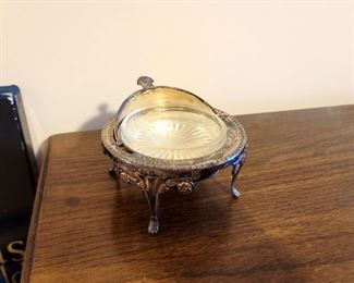 Vintage silver plated butter dish with lid - Roll top caviar dish 