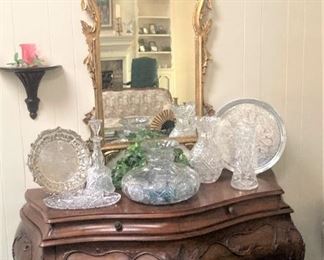 Bombay chest; silverplate and cut glass pieces; elegant mirror