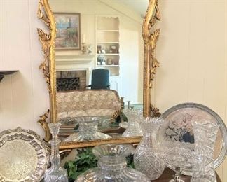 Silverplate and cut glass pieces; elegant mirror