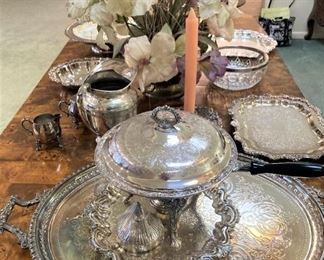 Silverplate chafing dish; trays